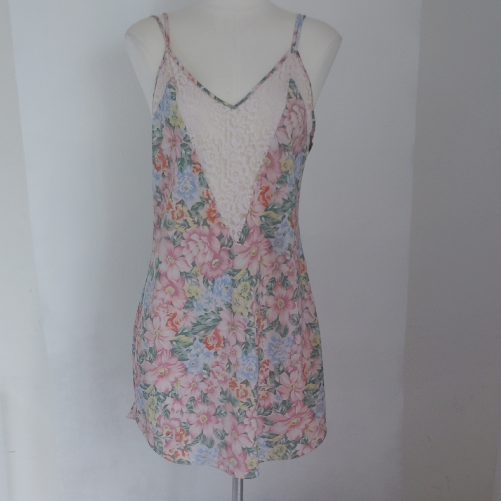 VTG Victoria's Secret Gold Label Womens Floral Lace Trim Mini Slip Dress Sz L